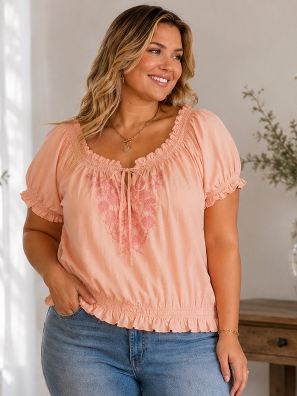 St. John’s Bay Peach Embroidered Cotton Peasant Blouse Boho Cottagecore Top